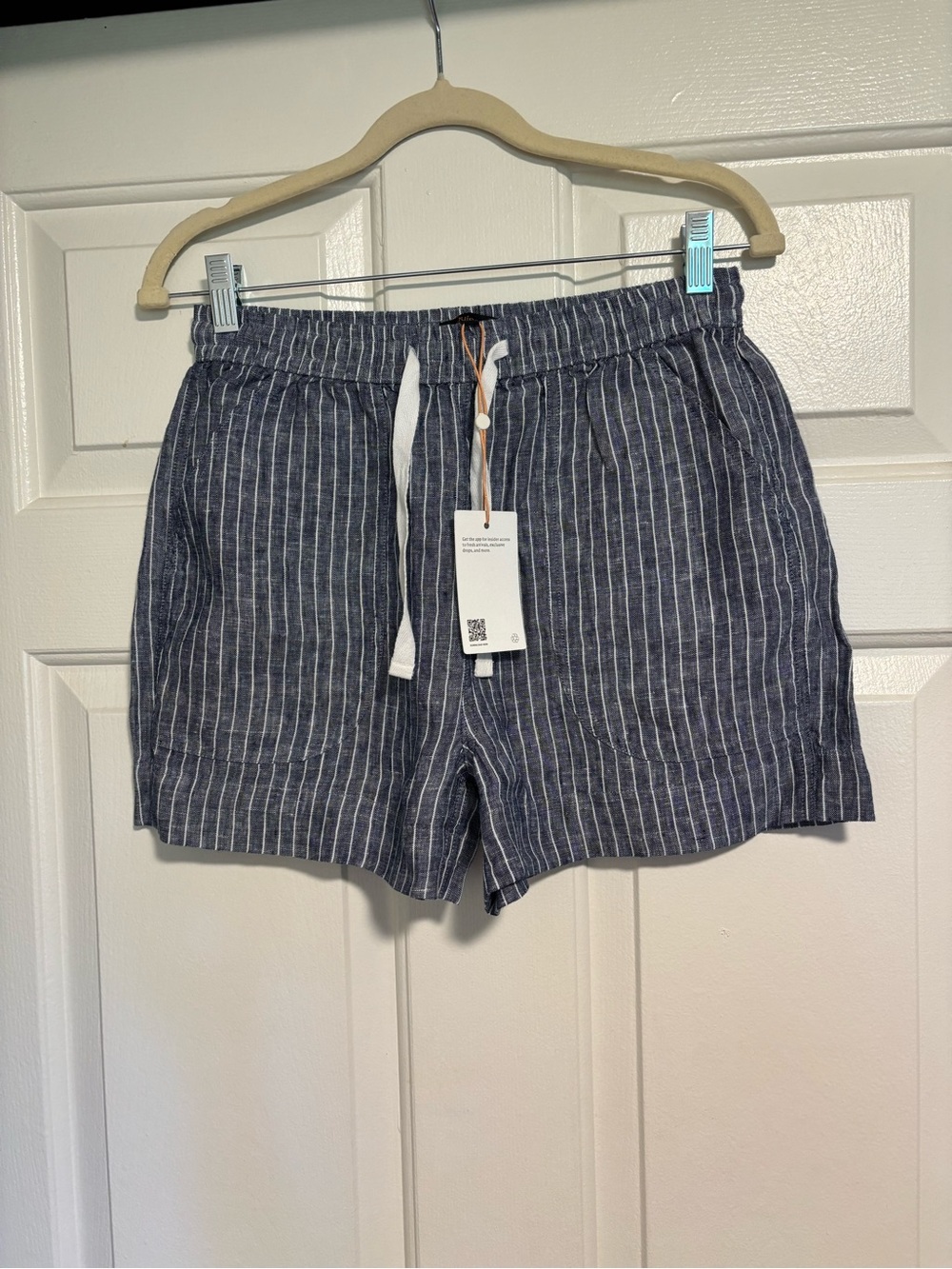 Quince Faded Navy Stripe Drawstring 100% Linen Shorts